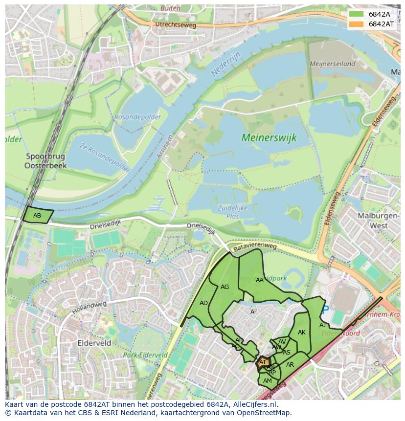 Afbeelding van het postcodegebied 6842 AT op de kaart.