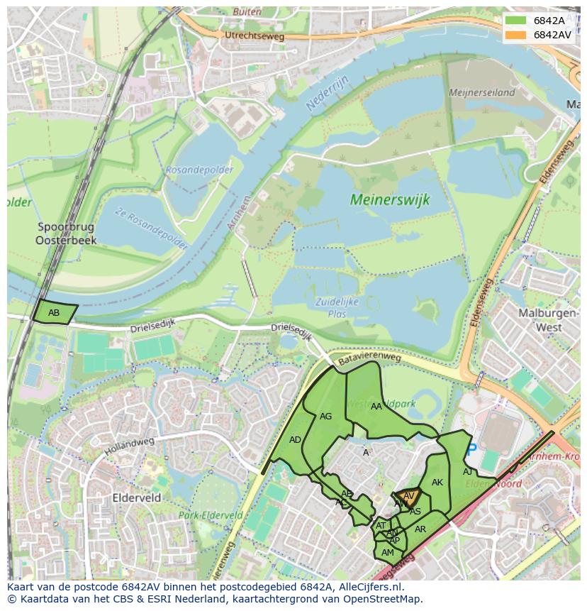Afbeelding van het postcodegebied 6842 AV op de kaart.
