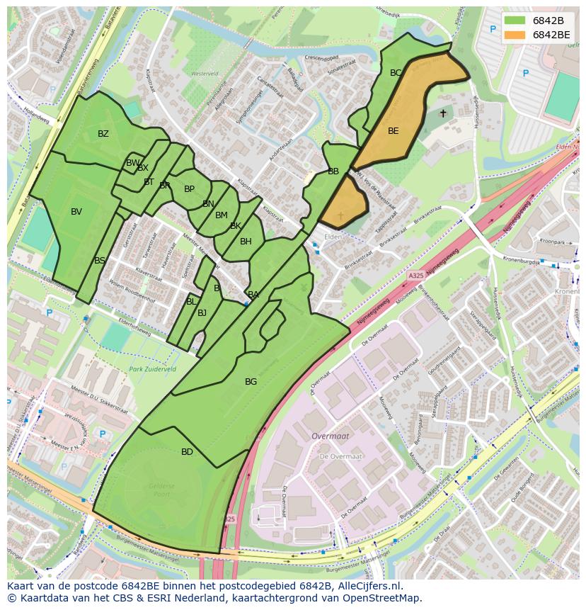 Afbeelding van het postcodegebied 6842 BE op de kaart.