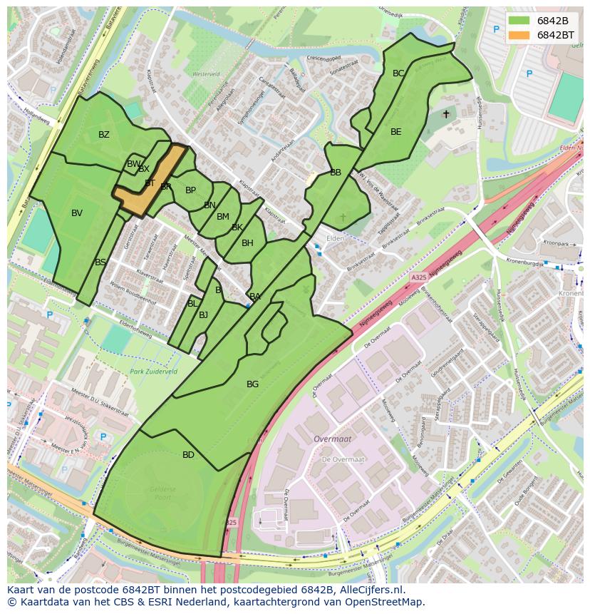 Afbeelding van het postcodegebied 6842 BT op de kaart.