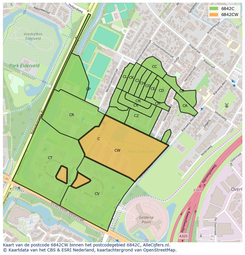 Afbeelding van het postcodegebied 6842 CW op de kaart.