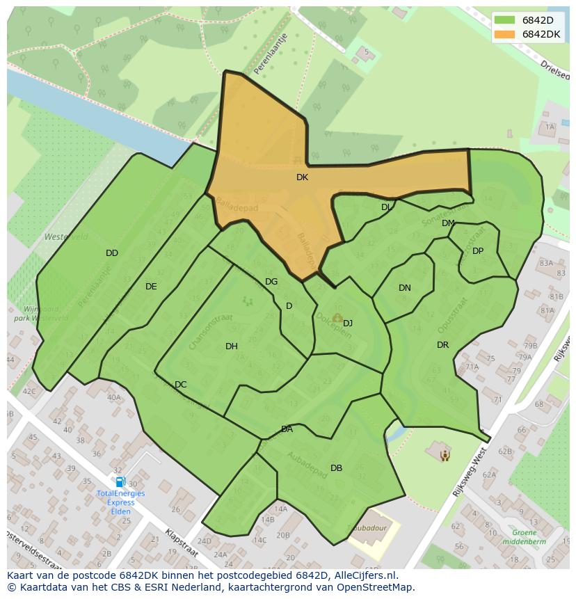 Afbeelding van het postcodegebied 6842 DK op de kaart.