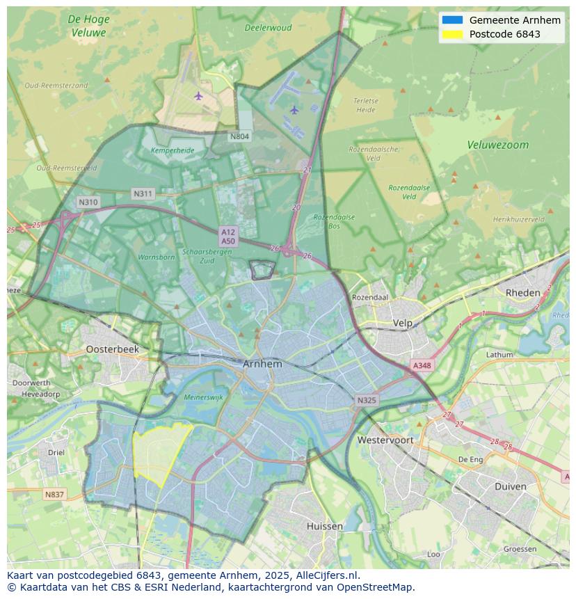 Afbeelding van het postcodegebied 6843 op de kaart.