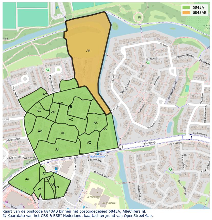 Afbeelding van het postcodegebied 6843 AB op de kaart.