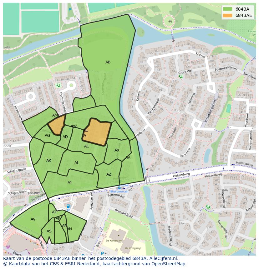 Afbeelding van het postcodegebied 6843 AE op de kaart.