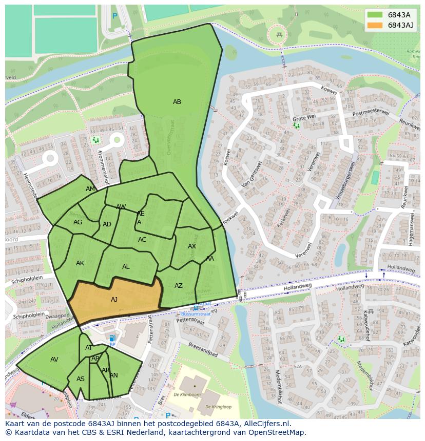 Afbeelding van het postcodegebied 6843 AJ op de kaart.