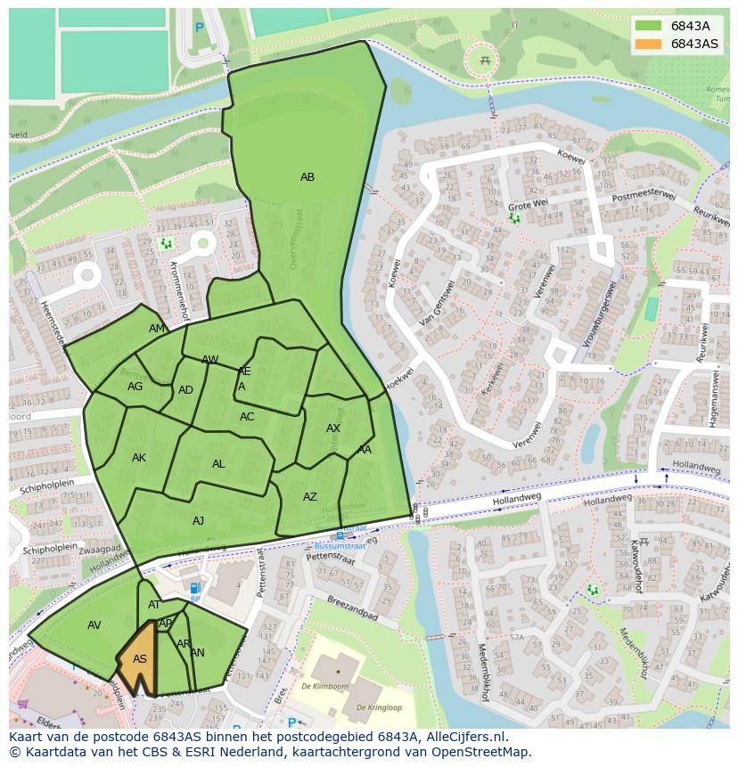 Afbeelding van het postcodegebied 6843 AS op de kaart.