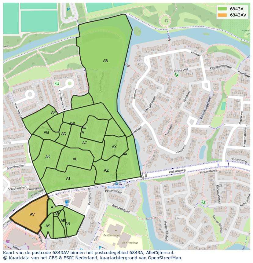 Afbeelding van het postcodegebied 6843 AV op de kaart.
