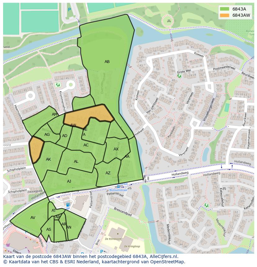 Afbeelding van het postcodegebied 6843 AW op de kaart.