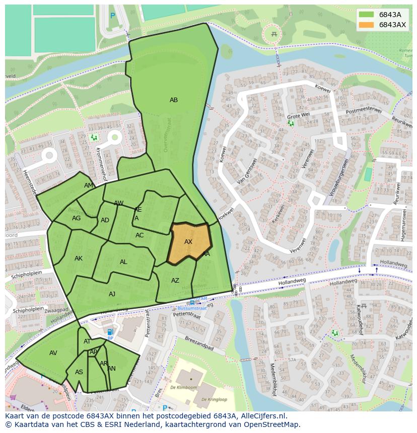 Afbeelding van het postcodegebied 6843 AX op de kaart.