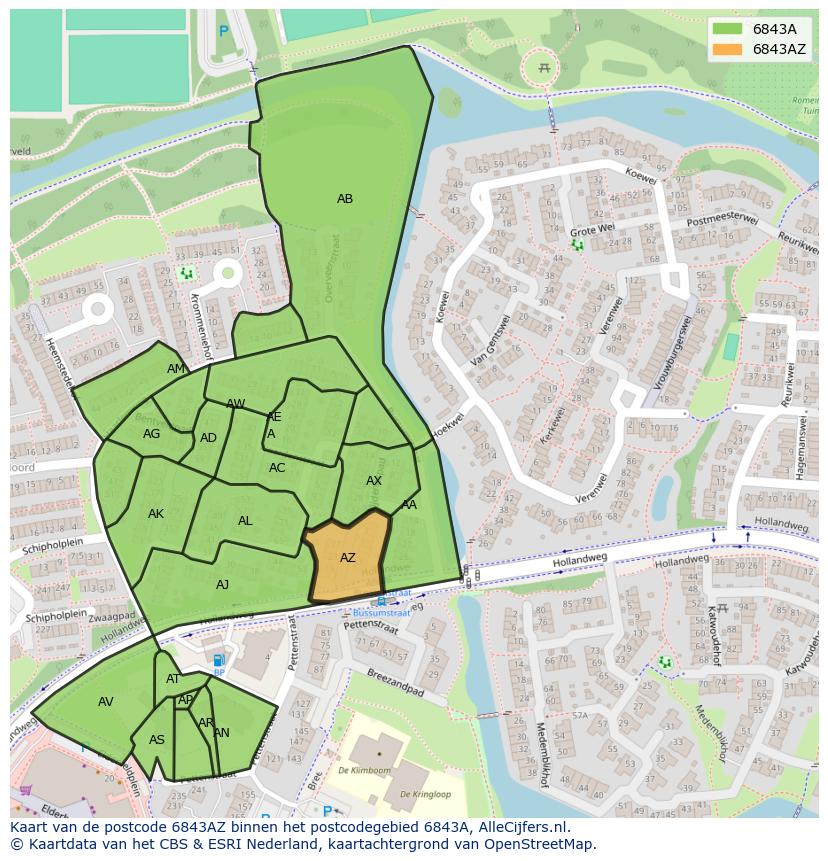 Afbeelding van het postcodegebied 6843 AZ op de kaart.