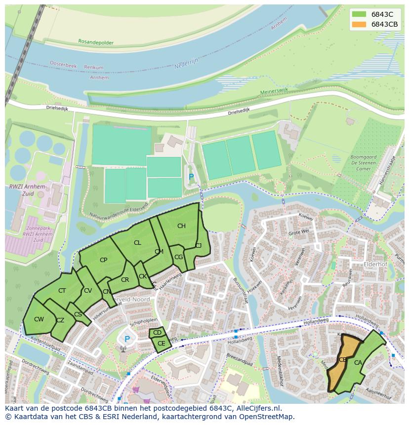 Afbeelding van het postcodegebied 6843 CB op de kaart.