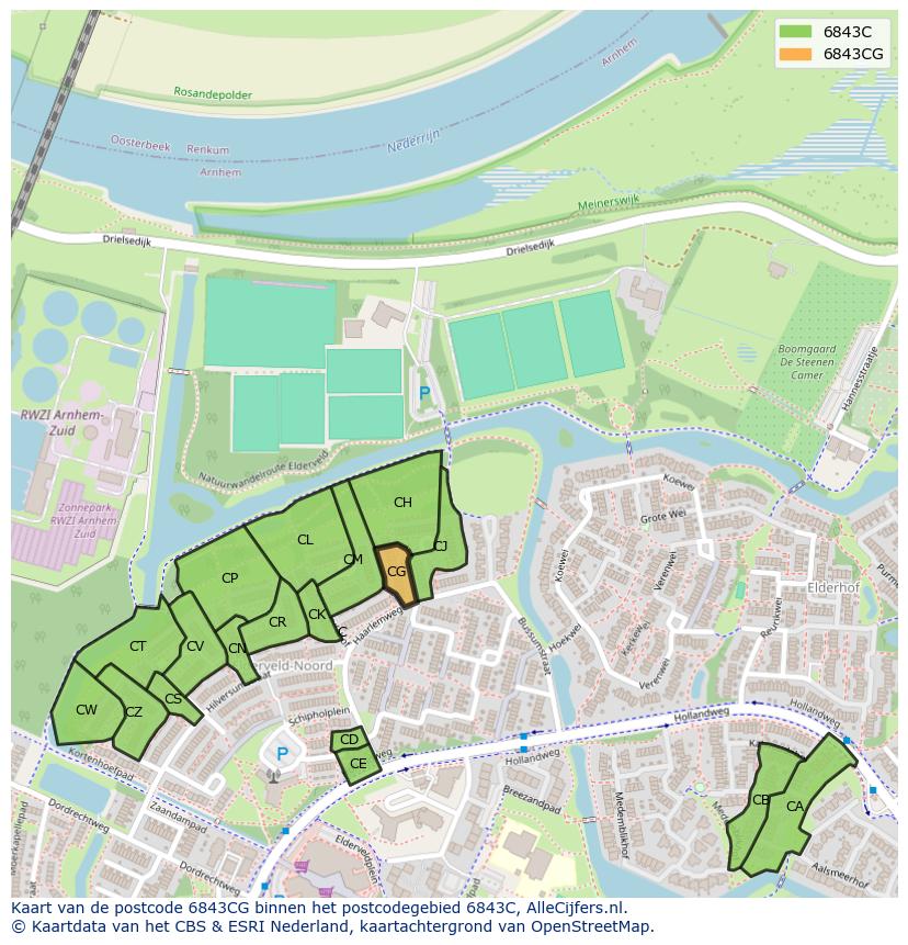 Afbeelding van het postcodegebied 6843 CG op de kaart.