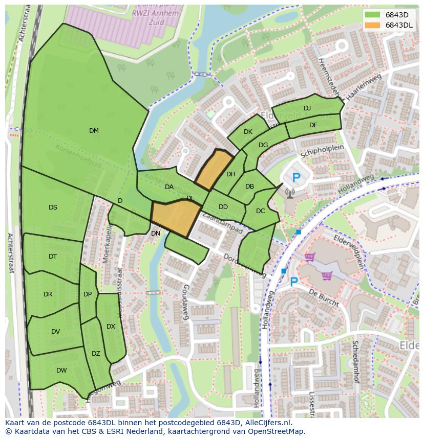 Afbeelding van het postcodegebied 6843 DL op de kaart.
