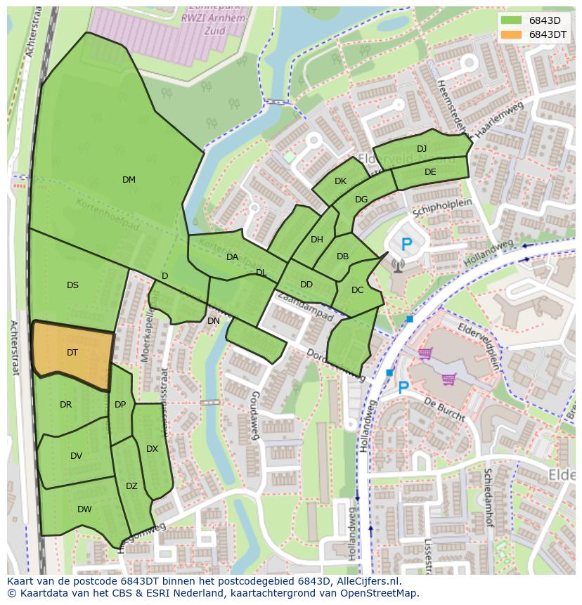Afbeelding van het postcodegebied 6843 DT op de kaart.
