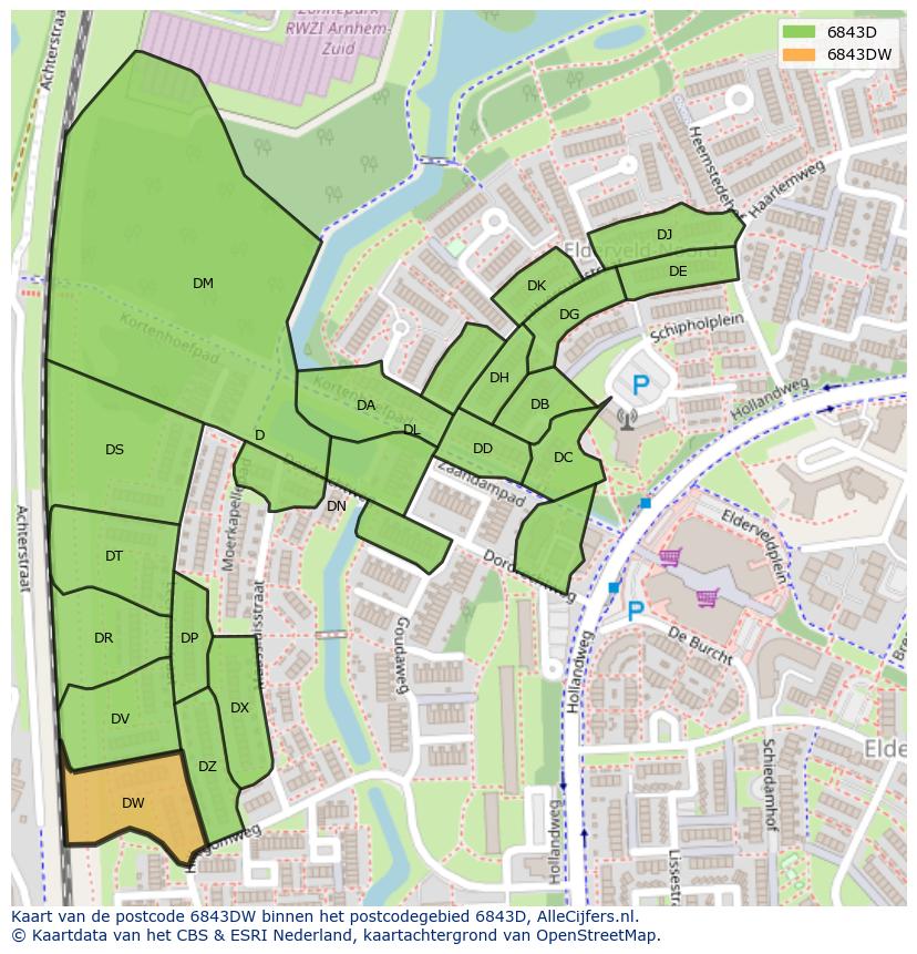 Afbeelding van het postcodegebied 6843 DW op de kaart.