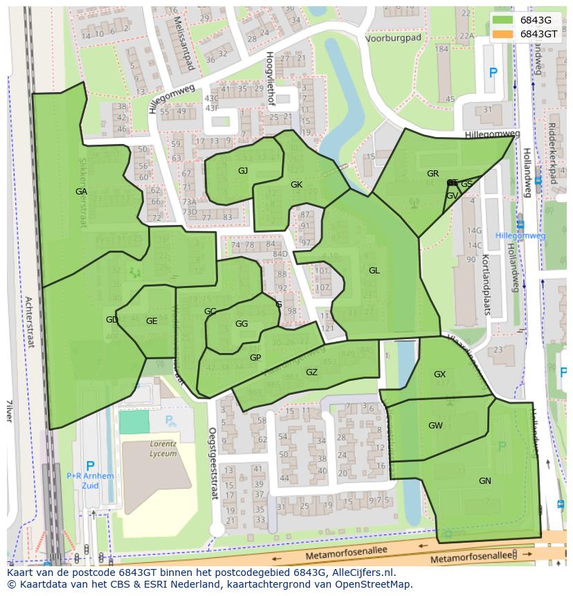Afbeelding van het postcodegebied 6843 GT op de kaart.