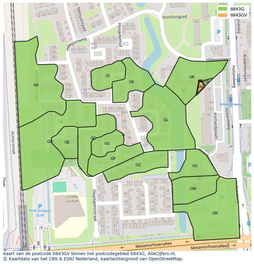 Afbeelding van het postcodegebied 6843 GV op de kaart.
