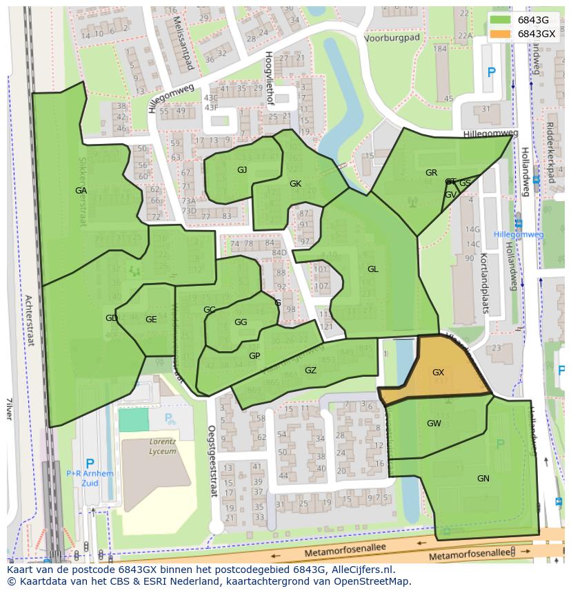 Afbeelding van het postcodegebied 6843 GX op de kaart.
