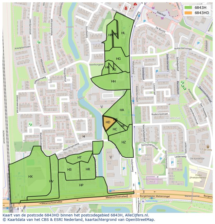 Afbeelding van het postcodegebied 6843 HD op de kaart.