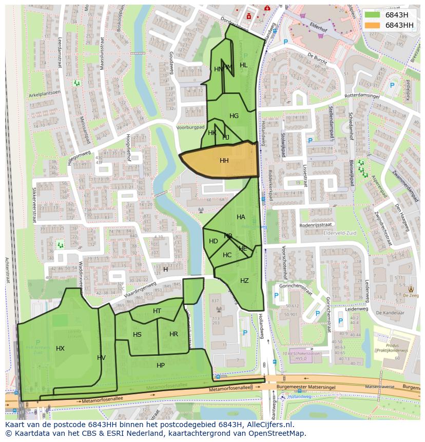 Afbeelding van het postcodegebied 6843 HH op de kaart.