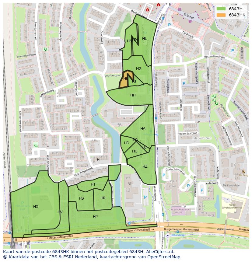 Afbeelding van het postcodegebied 6843 HK op de kaart.