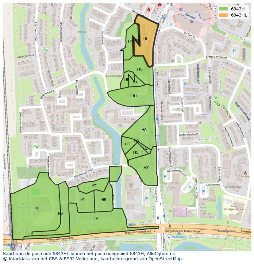Afbeelding van het postcodegebied 6843 HL op de kaart.