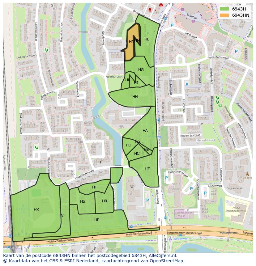 Afbeelding van het postcodegebied 6843 HN op de kaart.