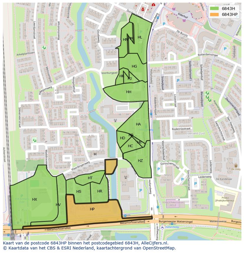 Afbeelding van het postcodegebied 6843 HP op de kaart.