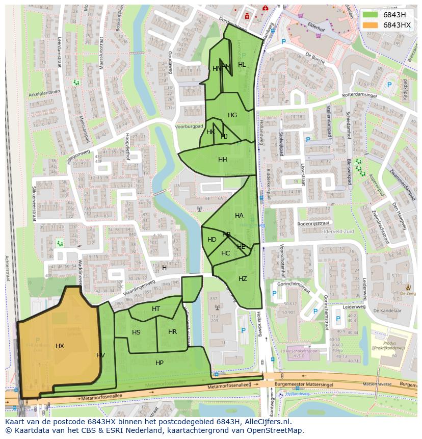 Afbeelding van het postcodegebied 6843 HX op de kaart.