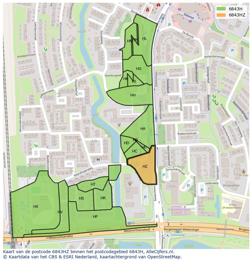 Afbeelding van het postcodegebied 6843 HZ op de kaart.