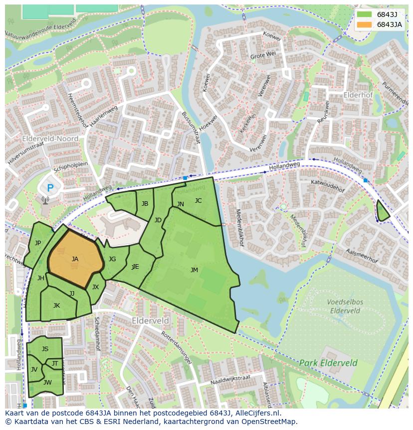 Afbeelding van het postcodegebied 6843 JA op de kaart.