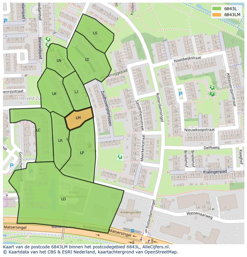 Afbeelding van het postcodegebied 6843 LM op de kaart.