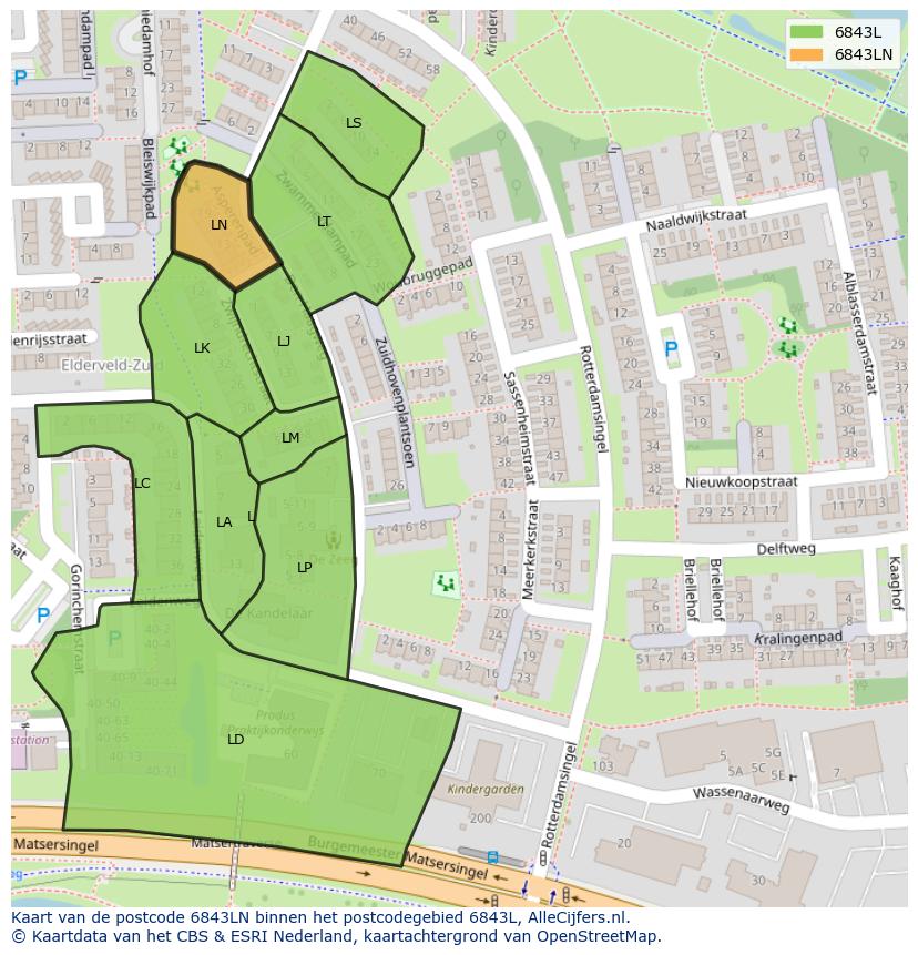 Afbeelding van het postcodegebied 6843 LN op de kaart.