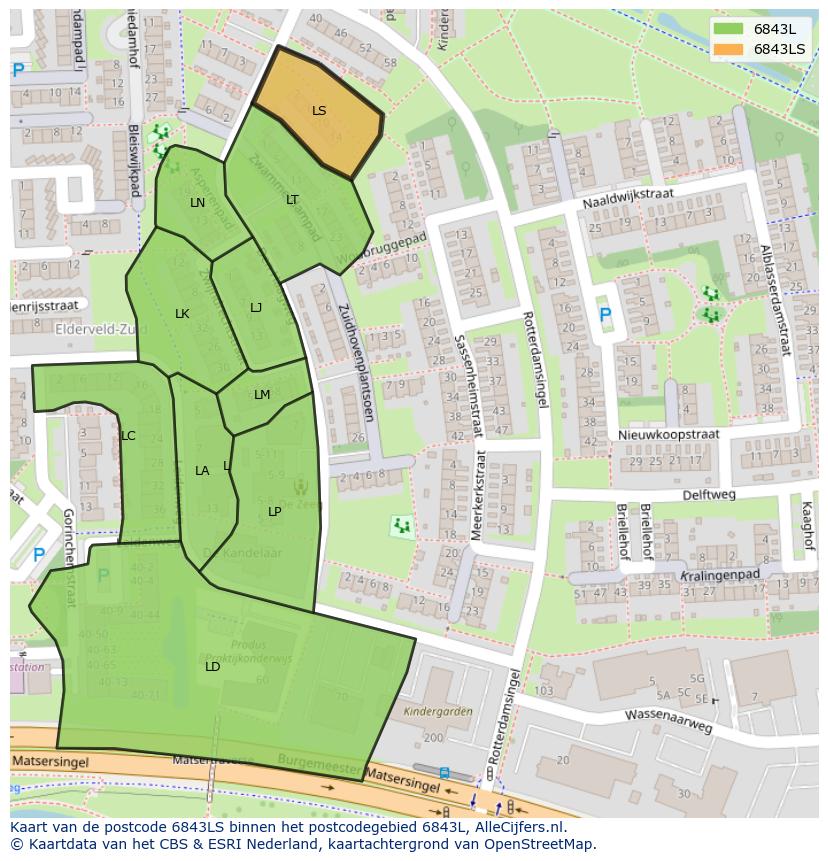 Afbeelding van het postcodegebied 6843 LS op de kaart.