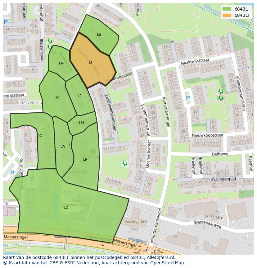 Afbeelding van het postcodegebied 6843 LT op de kaart.