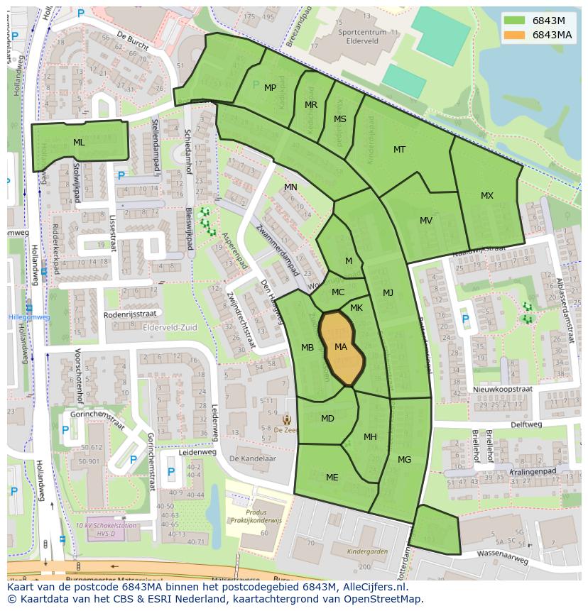 Afbeelding van het postcodegebied 6843 MA op de kaart.