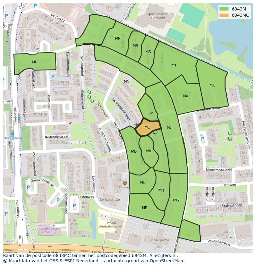 Afbeelding van het postcodegebied 6843 MC op de kaart.