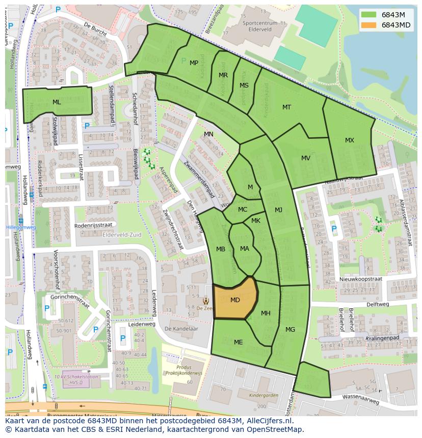 Afbeelding van het postcodegebied 6843 MD op de kaart.