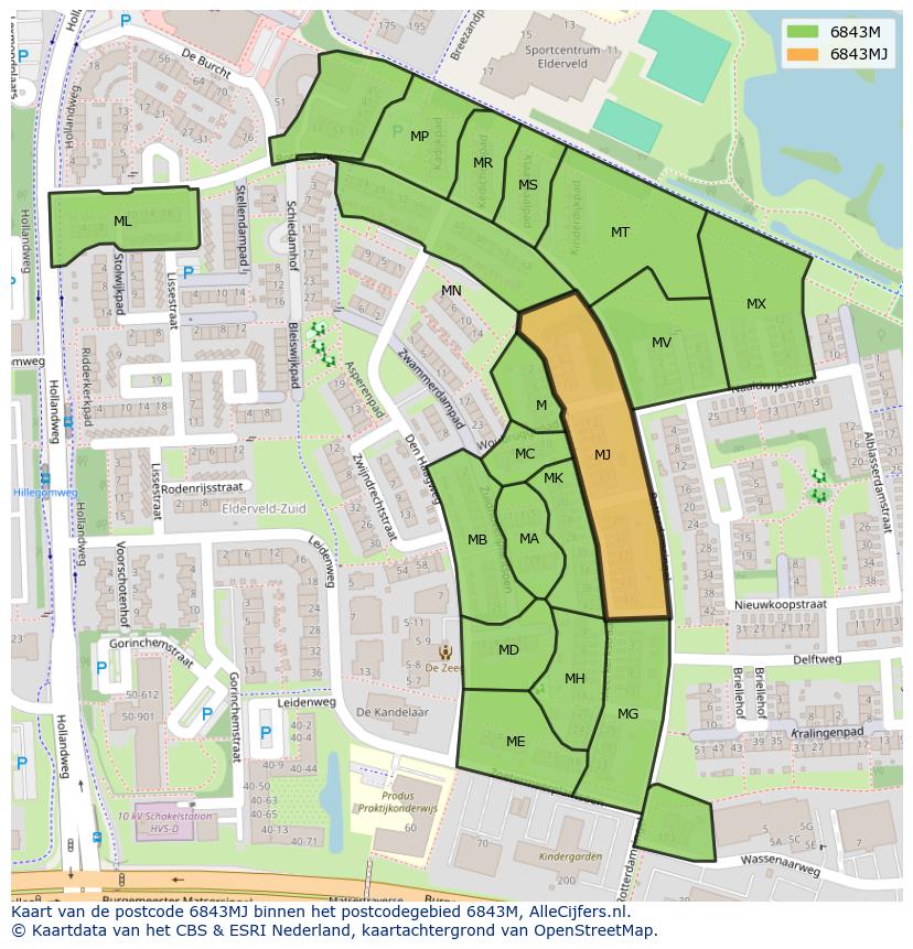 Afbeelding van het postcodegebied 6843 MJ op de kaart.