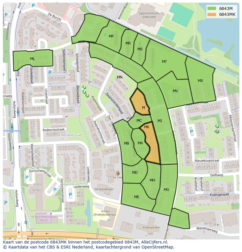 Afbeelding van het postcodegebied 6843 MK op de kaart.