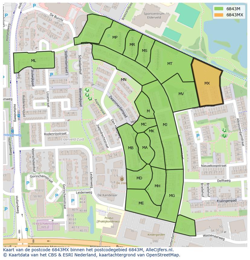 Afbeelding van het postcodegebied 6843 MX op de kaart.