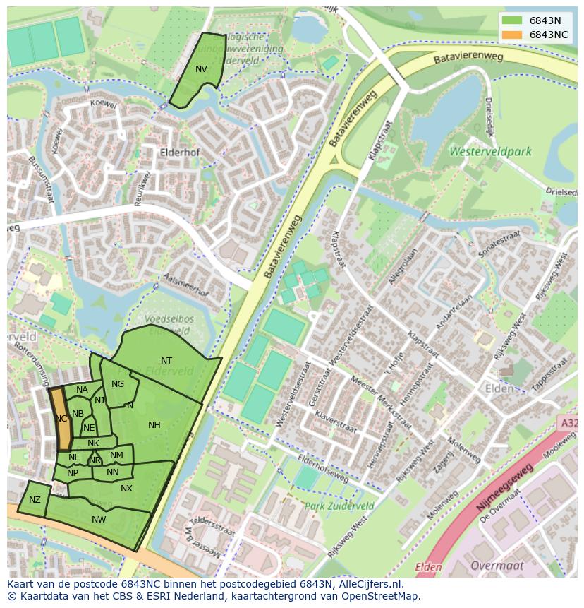 Afbeelding van het postcodegebied 6843 NC op de kaart.