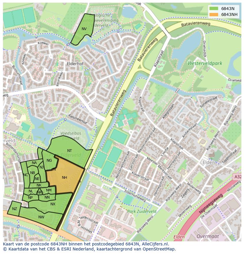 Afbeelding van het postcodegebied 6843 NH op de kaart.