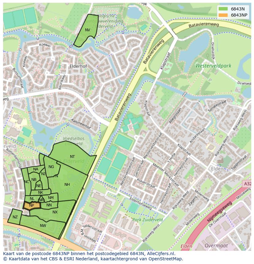 Afbeelding van het postcodegebied 6843 NP op de kaart.