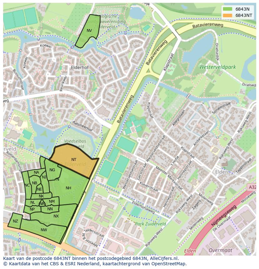 Afbeelding van het postcodegebied 6843 NT op de kaart.
