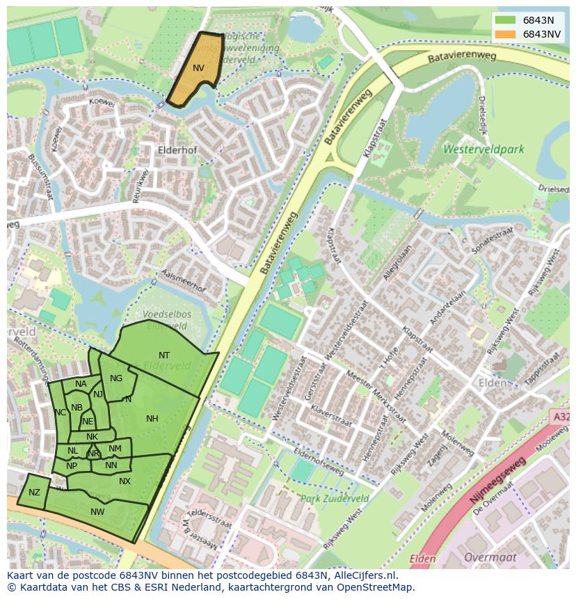 Afbeelding van het postcodegebied 6843 NV op de kaart.