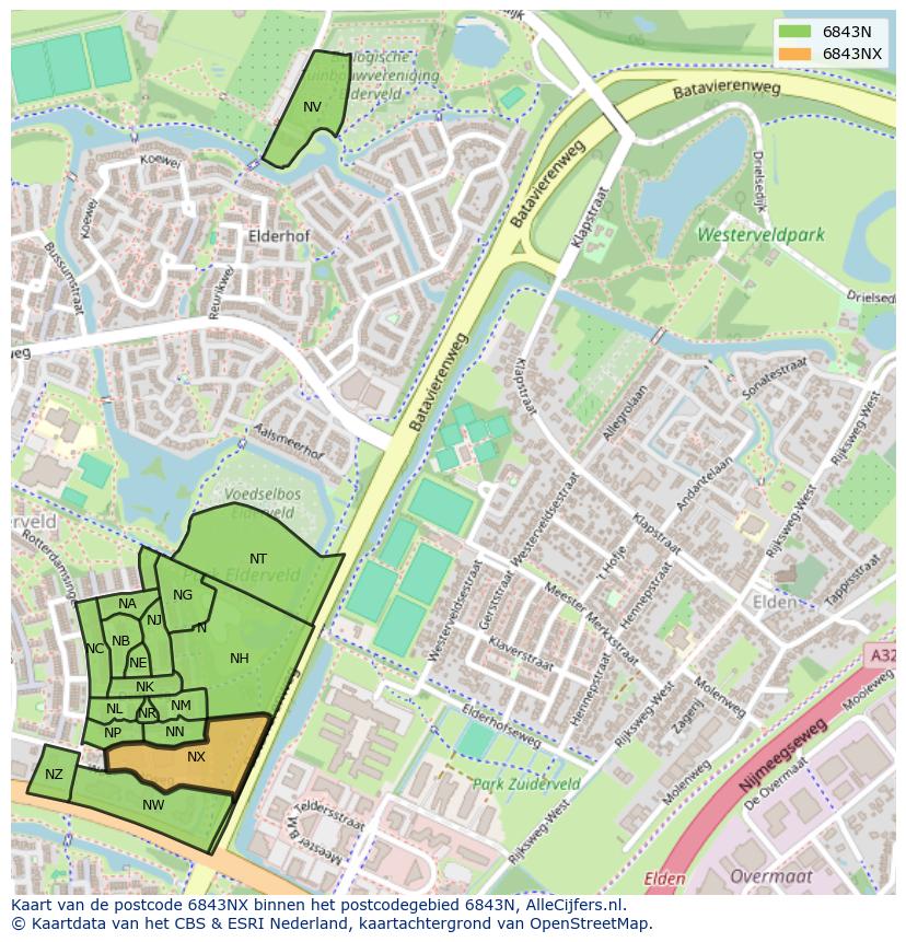 Afbeelding van het postcodegebied 6843 NX op de kaart.