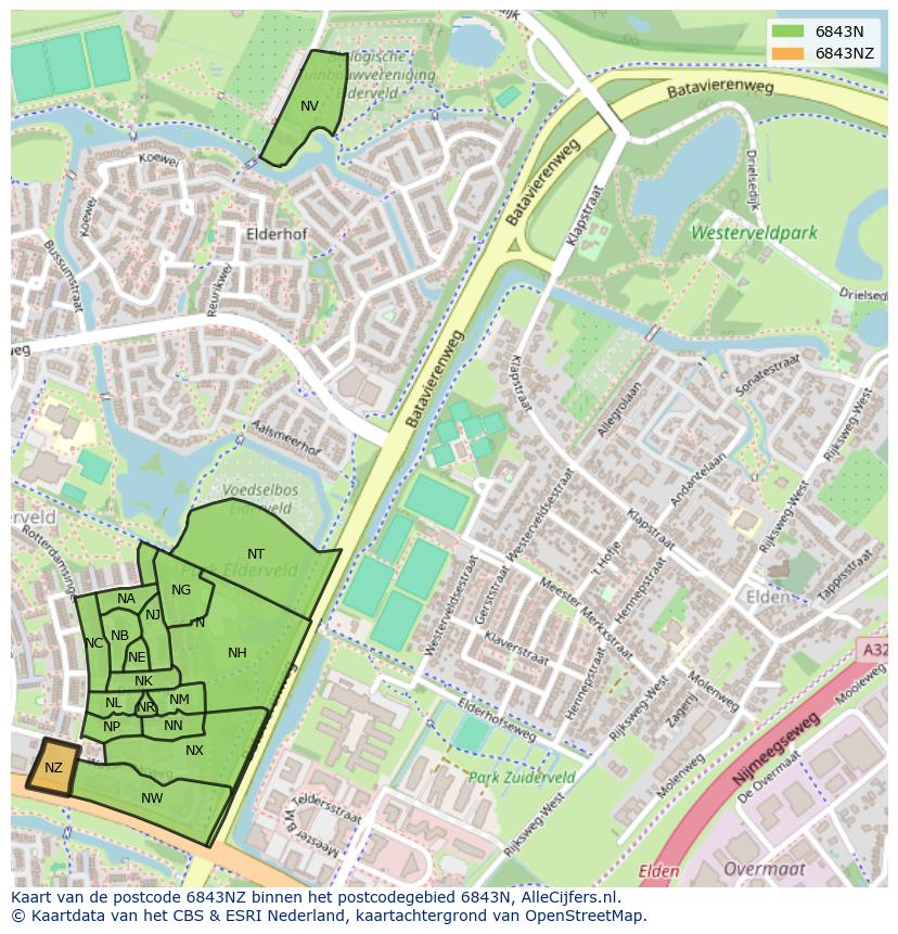 Afbeelding van het postcodegebied 6843 NZ op de kaart.