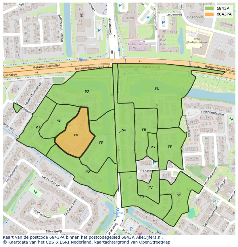 Afbeelding van het postcodegebied 6843 PA op de kaart.